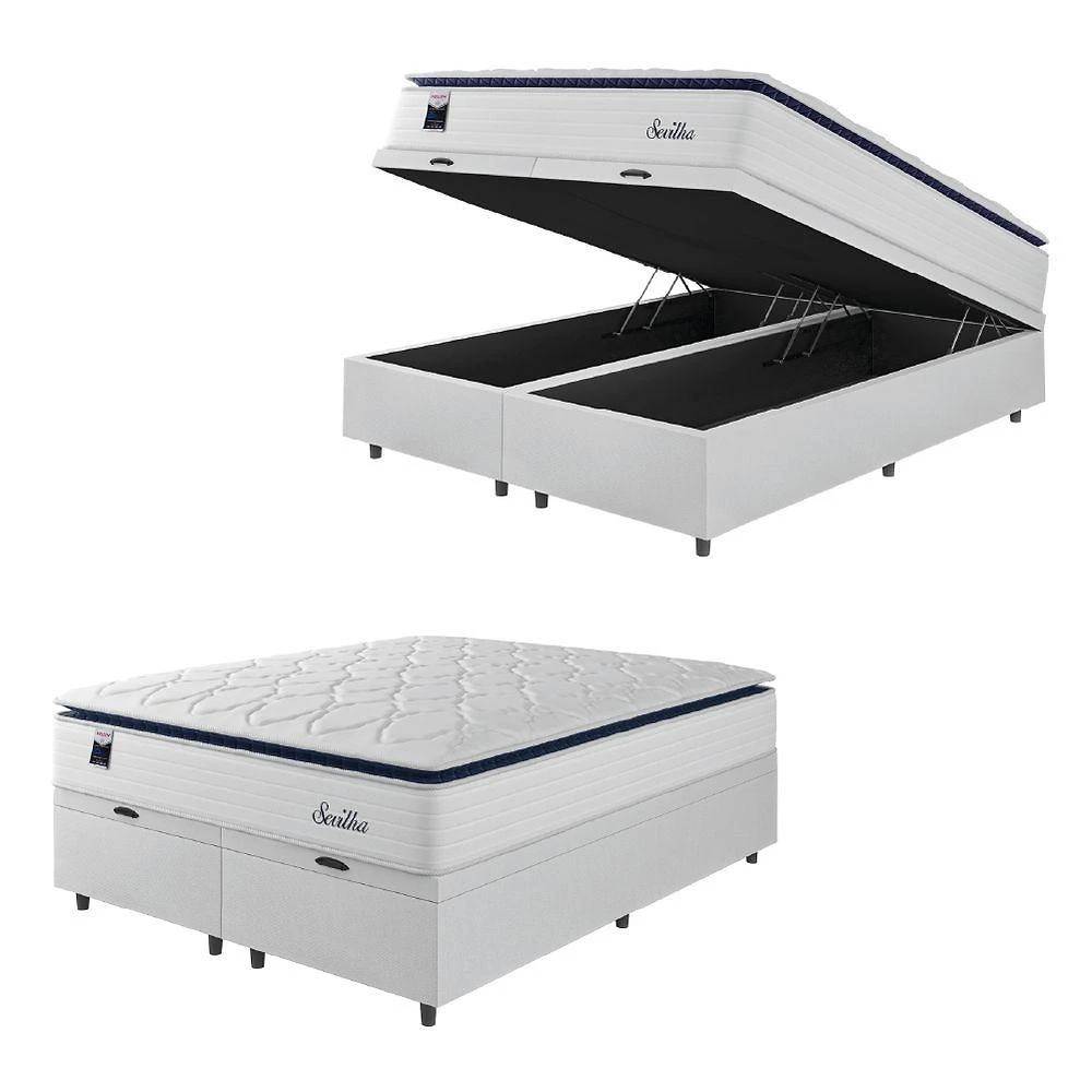 Cama Box Baú Casal King Colchão Molas Ensacadas Com Pillow Sevilha 193x203x74cm Branco/cinza Hellen