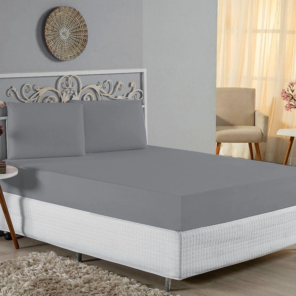 Jogo De Cama Queen Nobre 3 Peças Lençol Com Elástico De 30cm De Altura Malha 100% Algodão - Cinza