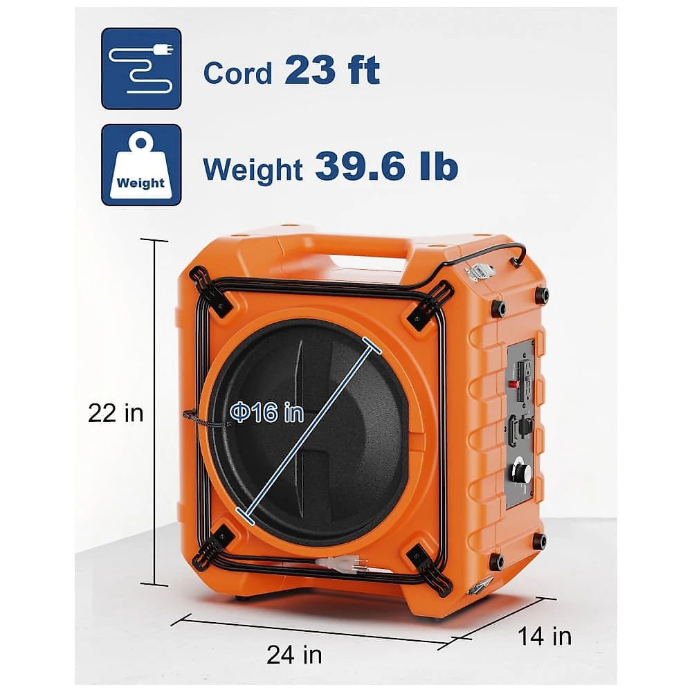 Purificador de Ar Industrial HEPA Pro 970 com Sistema de Filtragem de 3 Estágios e Saída GFCI, 115V, Alorair, Laranja