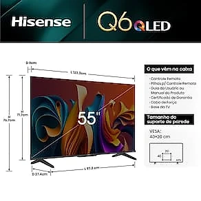 Smart TV 55" UHD 4K QLED Hisense 55Q6N Google TV com HDR10+, Dolby Atmos, Sports Mode, Game Mode Plus e Compatível com Alexa