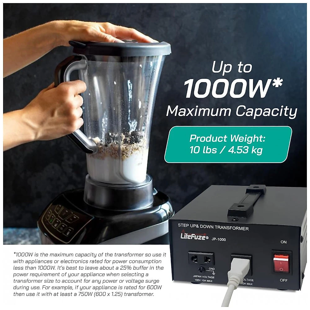 Transformador (Conversor) de Voltagem Japonês LiteFuze 1000W Elevação/Redução 100V para 120V/120V para 100V Bobina Cobre Premium Disjuntor Redução