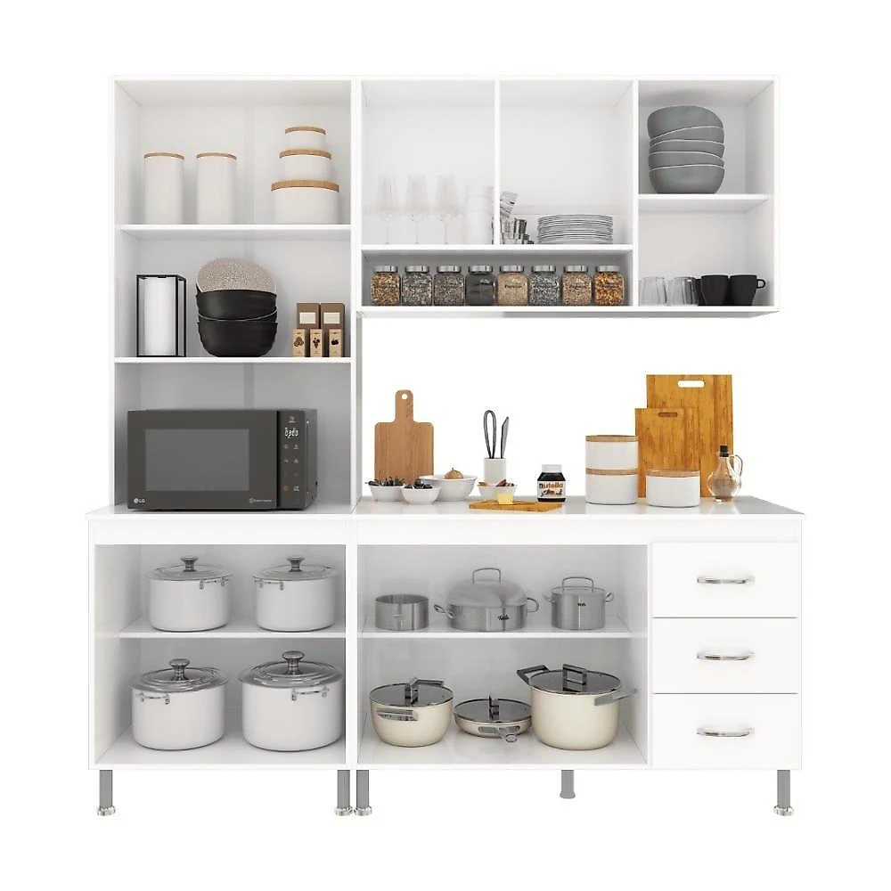 Armário de Cozinha Modulada Viena 3 Peças 9 Portas 3 Gavetas 190cm Branco Fidelita Móveis
