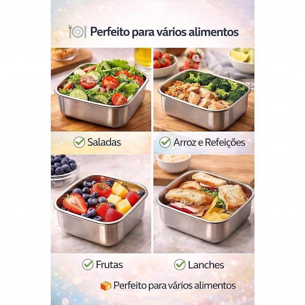 Kit 4 Potes Herméticos de Aço Inox 500ml com Tampa para Alimentos Marmita Geladeira e Cozinha Inox