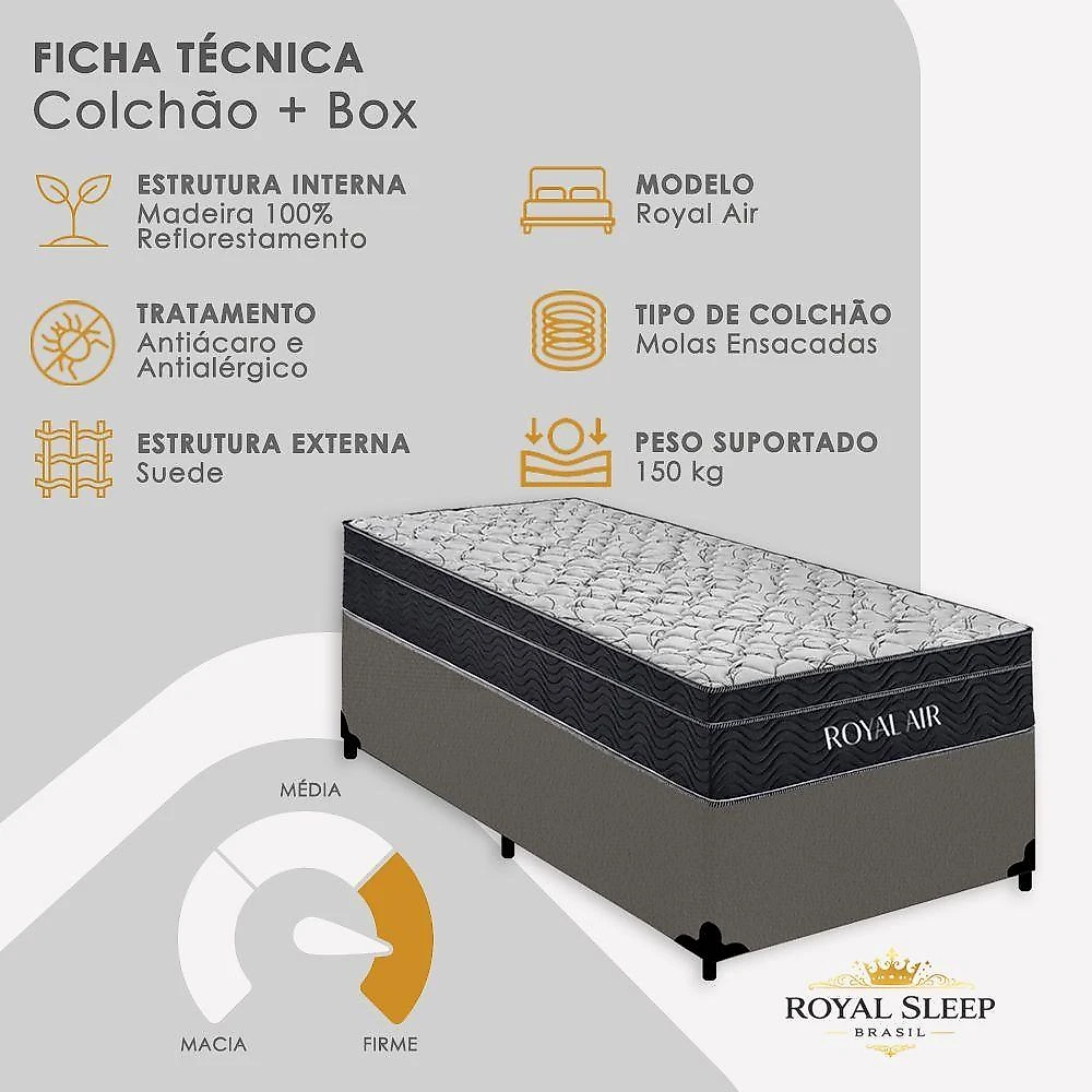 Cama Box com Baú Solteiro Royal Air Molas Ensacadas Madeira Suede Cinza Royal