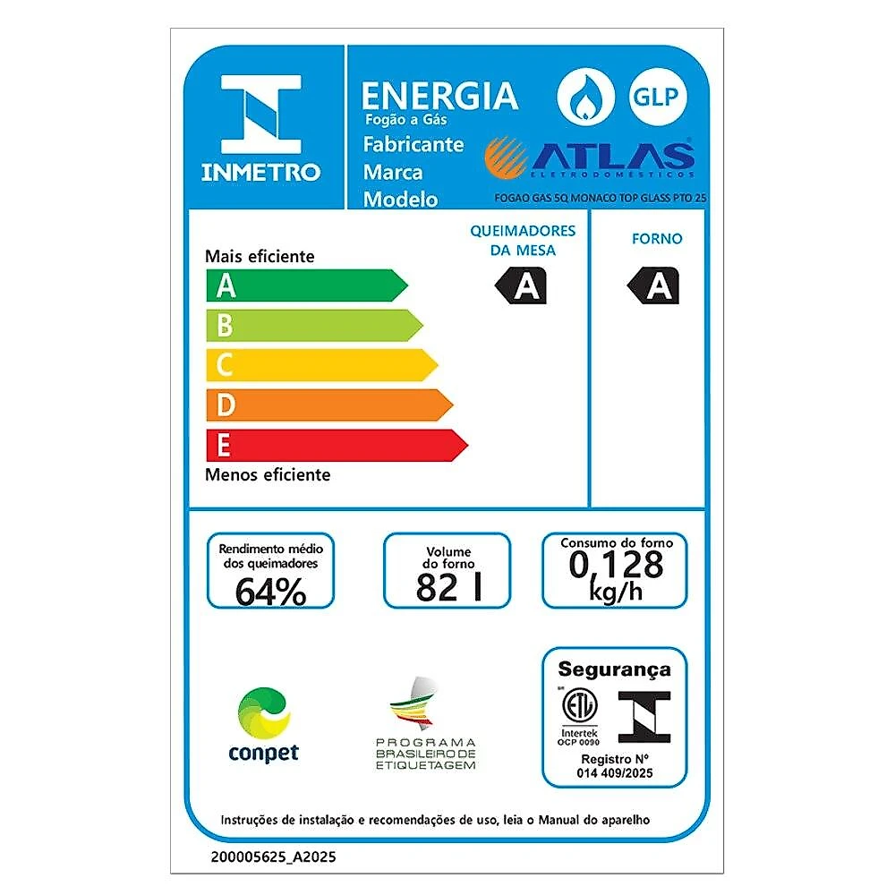 Fogão 5 Bocas Atlas Mônaco Top Glass com Mesa de Vidro - Preto