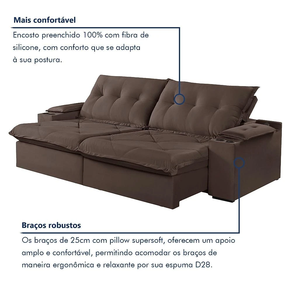 Sofá Retrátil e Reclinável com Entrada USB e Porta Copos 250cm Veneza Yescasa Sofá Retrátil e Reclinável 250cm M163 com Porta Copos Yescasa Veludo/Marrom Escuro