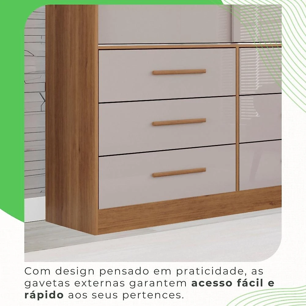 Guarda Roupa Solteiro 2 Portas 6 Gavetas Luana Sallêto Móveis Cinamomo/Off-White