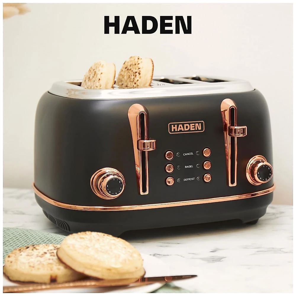 Torradeira HADEN Heritage inox 4 fatias preta e cobre com fenda extra larga e 6 níveis de tostagem 1500W 110V