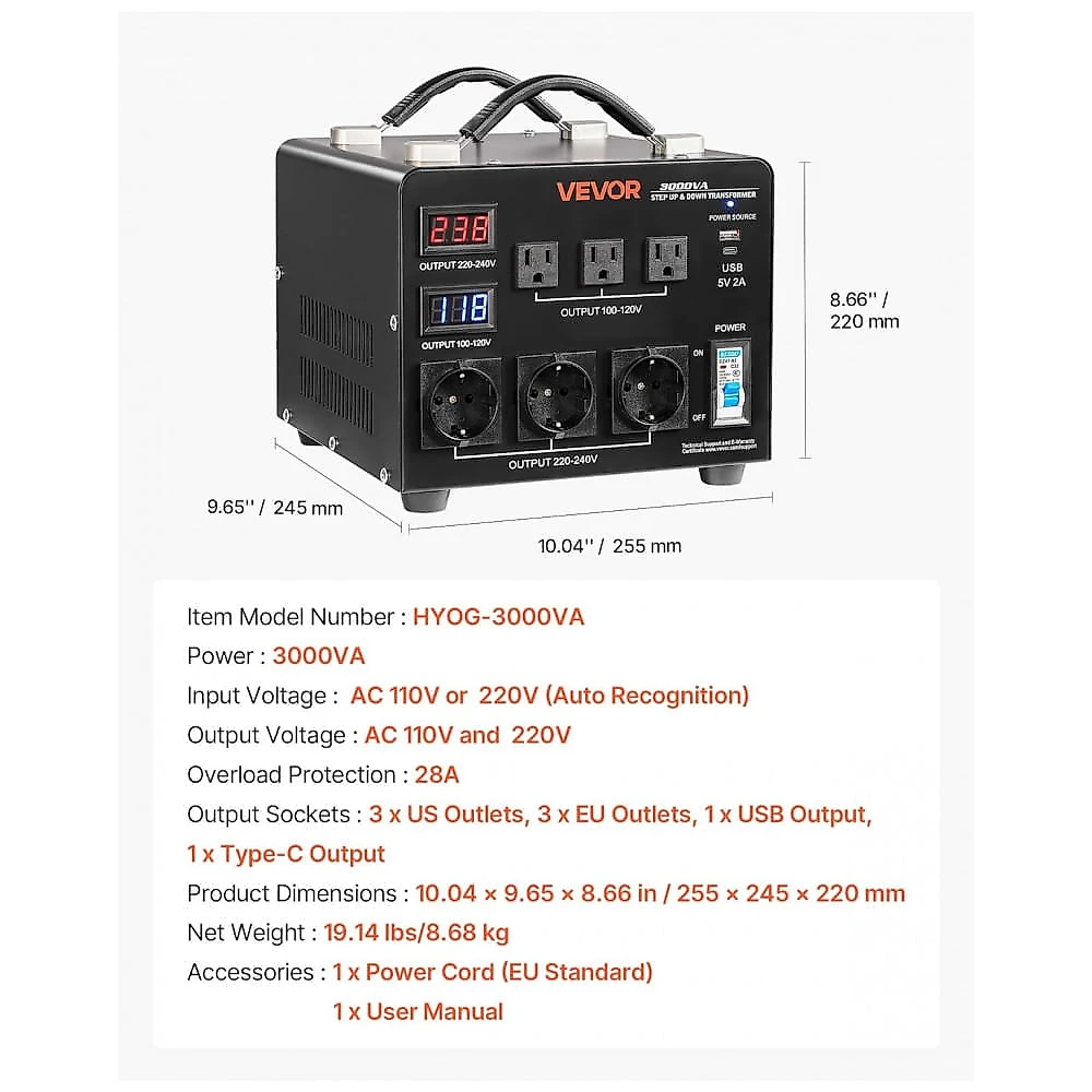 Transformador (Conversor)de Voltagem Automático VEVOR 3000VA Elevação/Redução 110V para 220V/220V para 110V 3 US 3 EU LCD Disjuntor HYMG-3000VA.