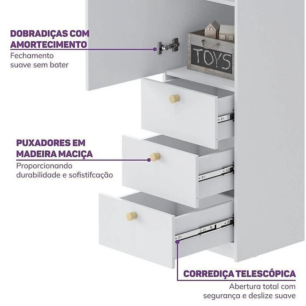 Conjunto Dormitório com Cama Montessoriana Casal e Guarda-roupa Modulado com Led Wave Casatema Branco/Natural
