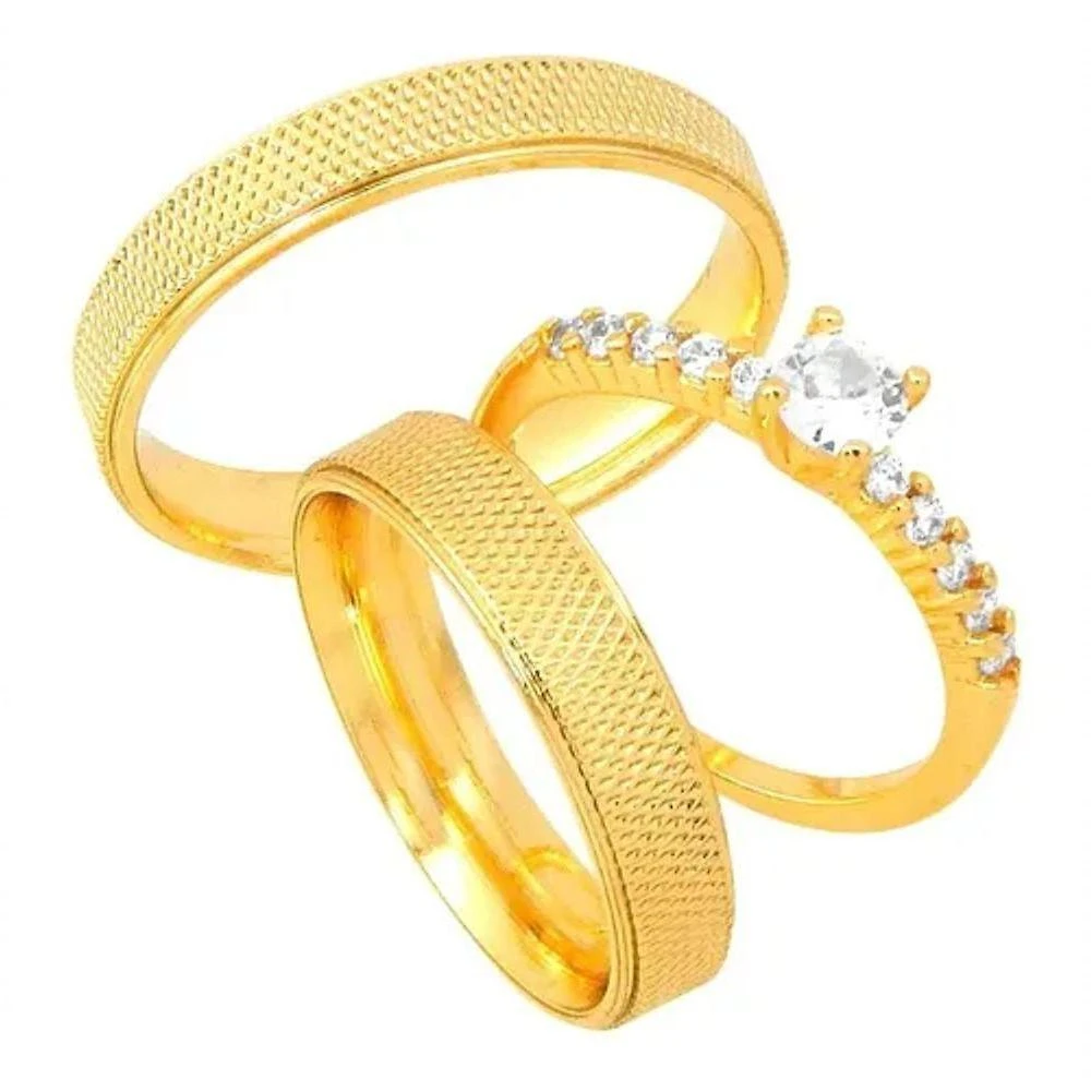 Par De Alianças 4mm Chanfrada E Recartilhada Banhada Ouro