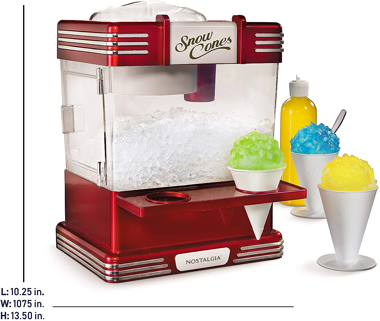 Nostalgia RSM602 Countertop Snow Cone Maker Makes 20 Icy Treats, Includes 2 Reusable Plastic Cups e Ice Scoop, Retro Red