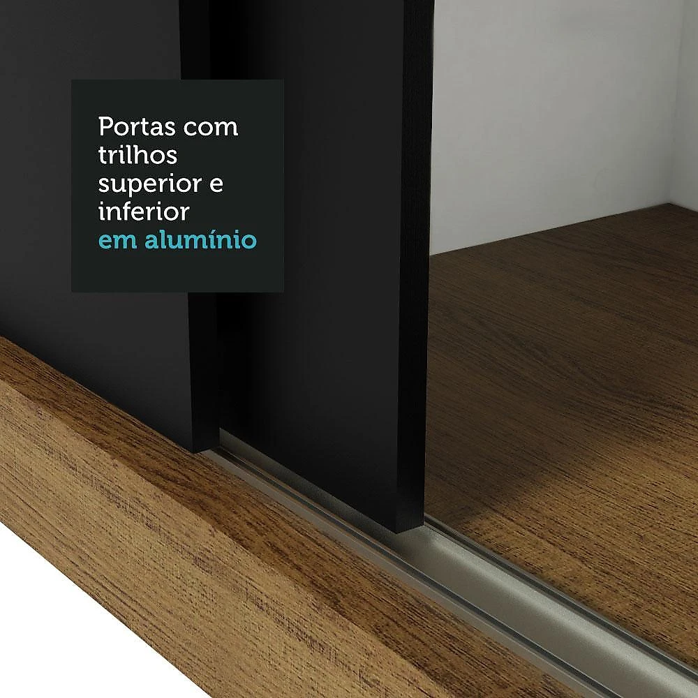 Guarda roupa casal madesa lyon 3 portas de correr com espelho 2 gavetas - rustic/preto