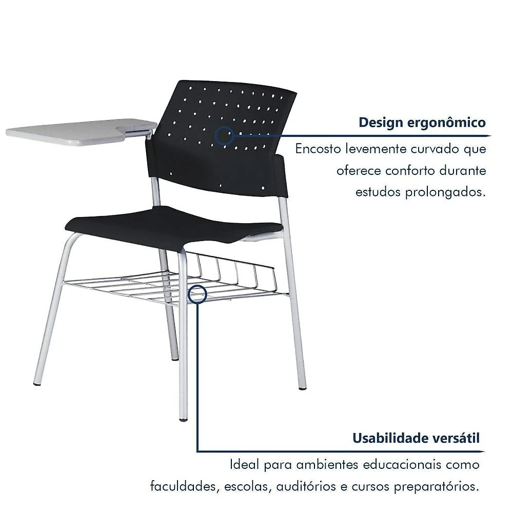 Kit 6 Cadeiras Escolar com Prancheta e Suporte para Livros Movie Conjunto 6 Cadeiras Escolar com Prancheta e Suporte para Livros Movie Preto