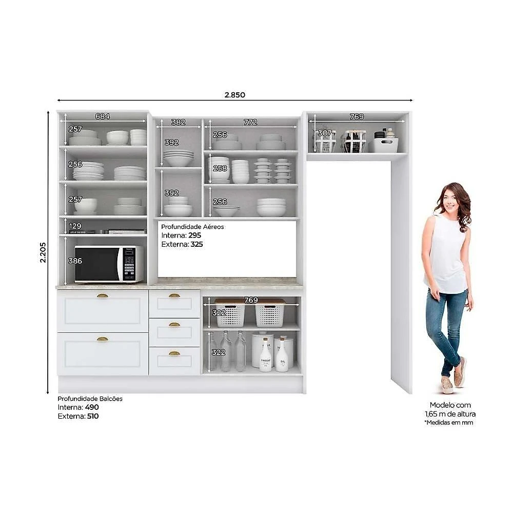 Kit Cozinha Modulada 7 Peças Americana 2 Aéreos + 1 Balcão + 1 Paneleiro+3complementos C5p64 Branco