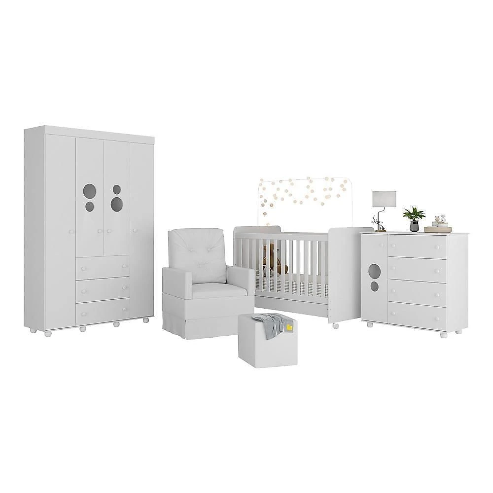 Quarto Completo Com Colchão, Poltrona De Amamentação E Puff Pimpolho Mp4109 Branco Branco