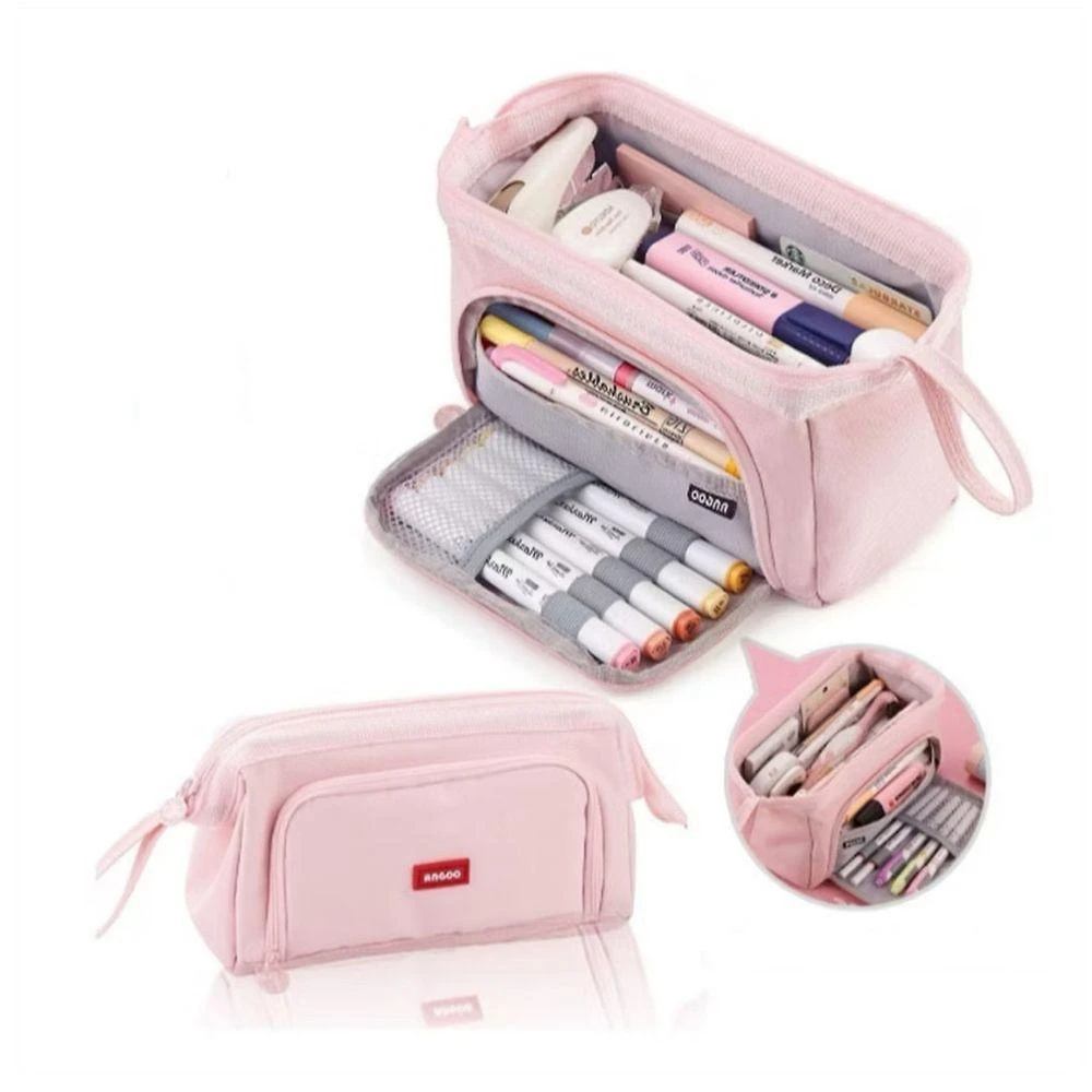 Estojo Escolar Triplo com 3 Zíperes OEM Cyc 900407 Grande em Poliéster Rosa