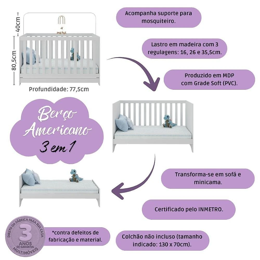 Quarto De Bebê Completo Com Berço Americano 3 Em 1 Fofura Multimóveis MP4657 Branco