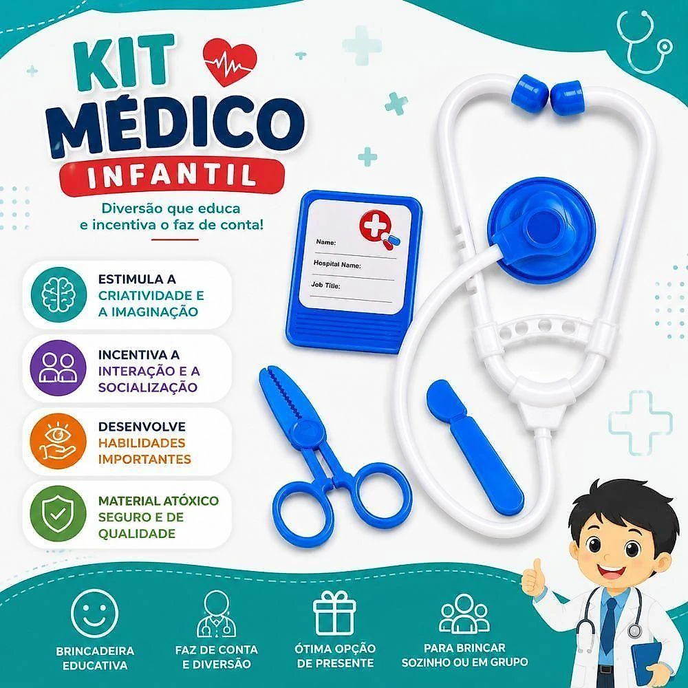 Kit Médico Infantil Brinquedo Educativo 4 Peças Estimula Criatividade e Imaginação