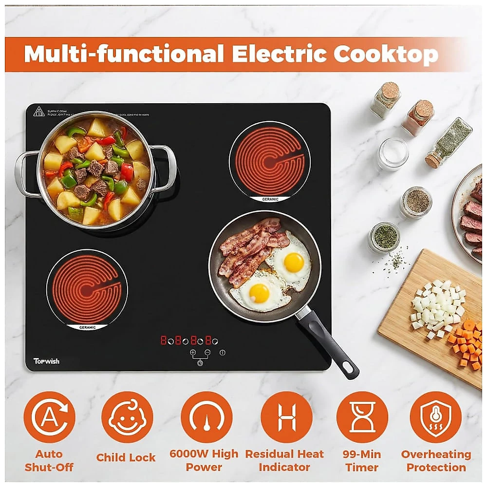 Cooktop elétrico vitrocerâmico 61cm TOPWISH preto 4 zonas radiantes touch timer trava de segurança 6000W 220V