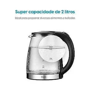 Chaleira Elétrica Elgin CHAVX Visio Glass Pro1200W 2L Vidro LED Azul Base Inox 110V