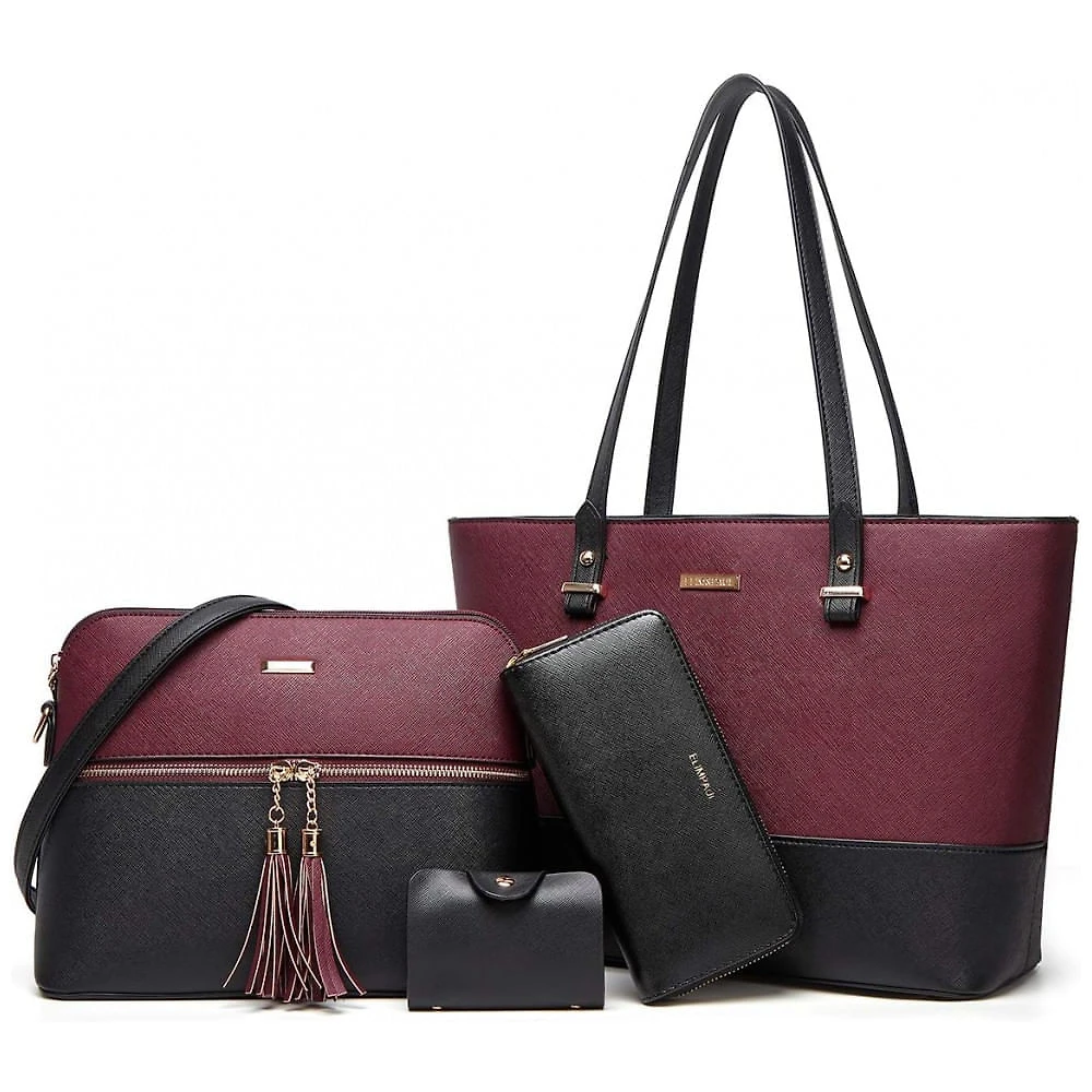 Conjunto de Bolsas Femininas em Couro Sintético 4 Peças com Carteira, Lovematch, Preto e Roxo