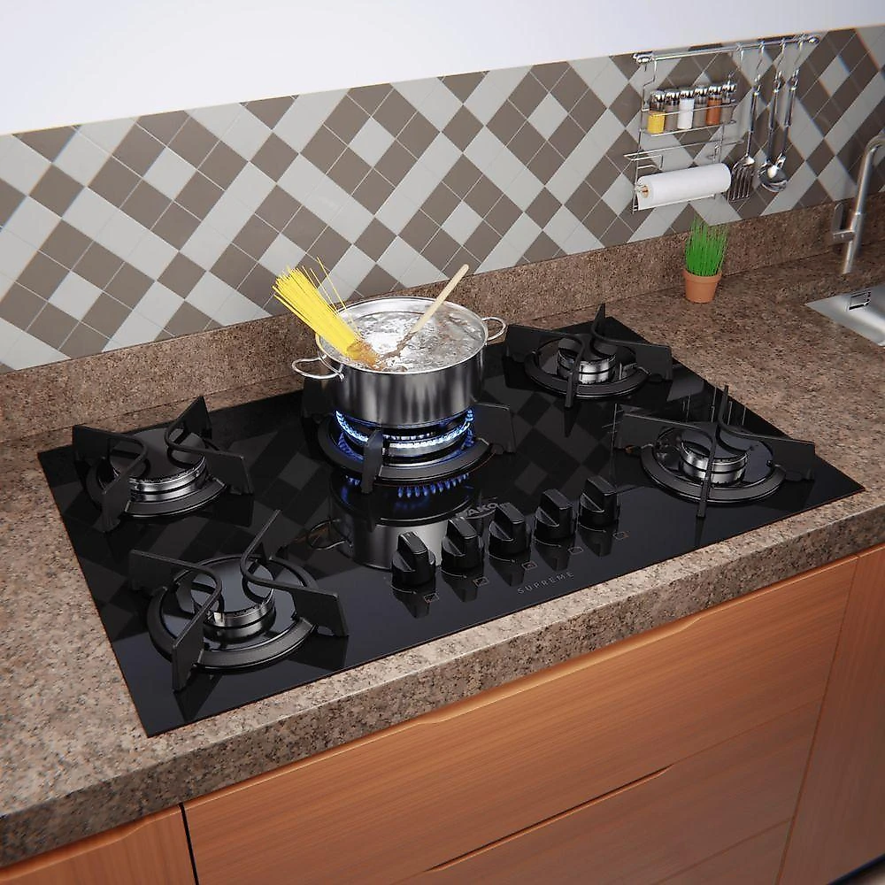 Cooktop 5 Bocas Preto Com Mesa De Vidro E Tripla Chama Dako Supreme Bivolt