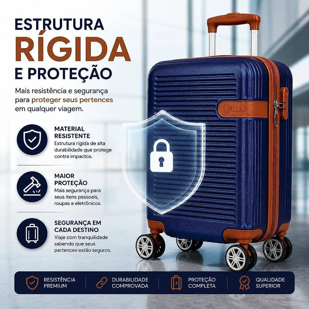 Mala de Viagem Pequena de Bordo 360 Rígida com Rodinhas Giro Duplo Azul Escuro