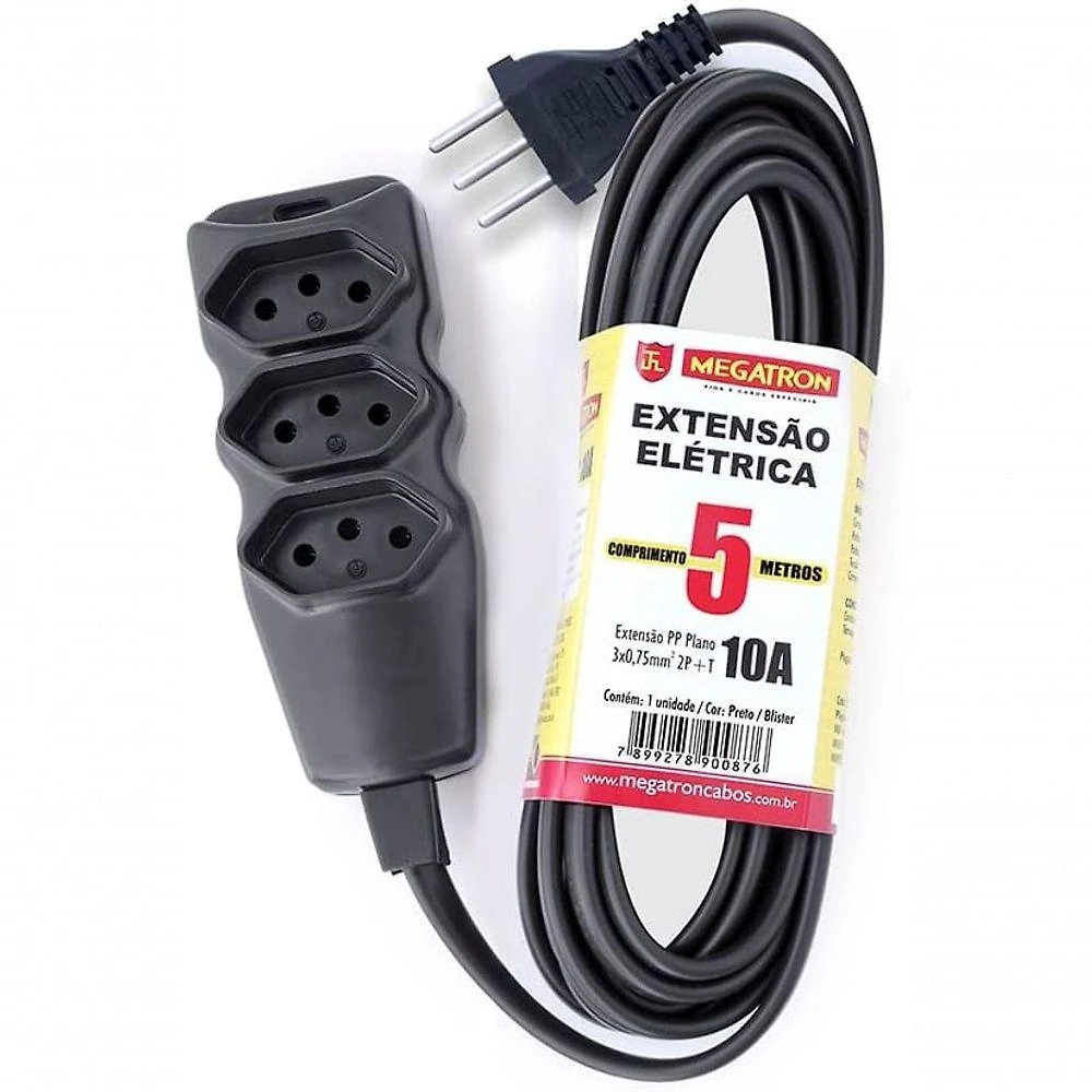 Extensão Elétrica Tripla 2P+T Cabo PP 5M Preto Bivolt Megatron