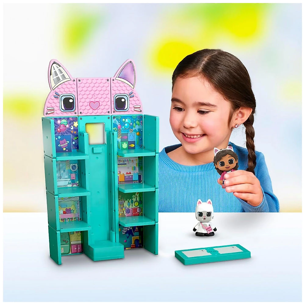 Conjunto de Construção Magnética Tile Town Gabbys Dollhouse 35 Peças, Brinquedo Interativo STEM de Telhas Magnéticas, Inclui Figuras de Gabby e Pandy