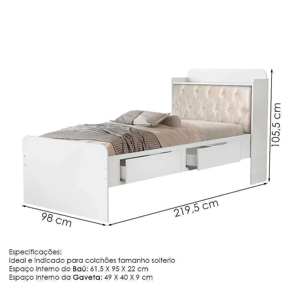 Cama Solteiro Baú Tamires com Gavetas Capitone Mdf Branco Bege Milani Movelaria