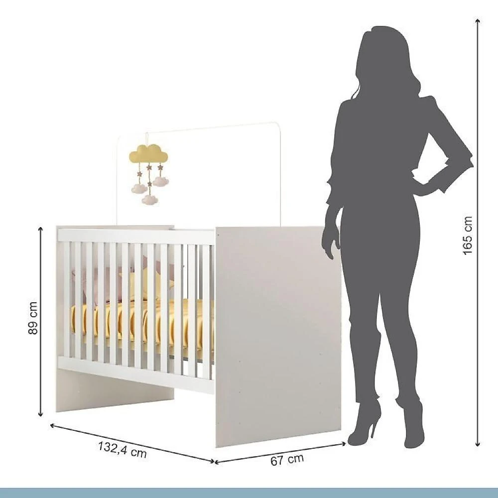Quarto de Bebê com Berço com Suporte, Cômoda 1 Porta 4 Gavetas Life e Roupeiro 3 Portas 2 Gavetas Branco