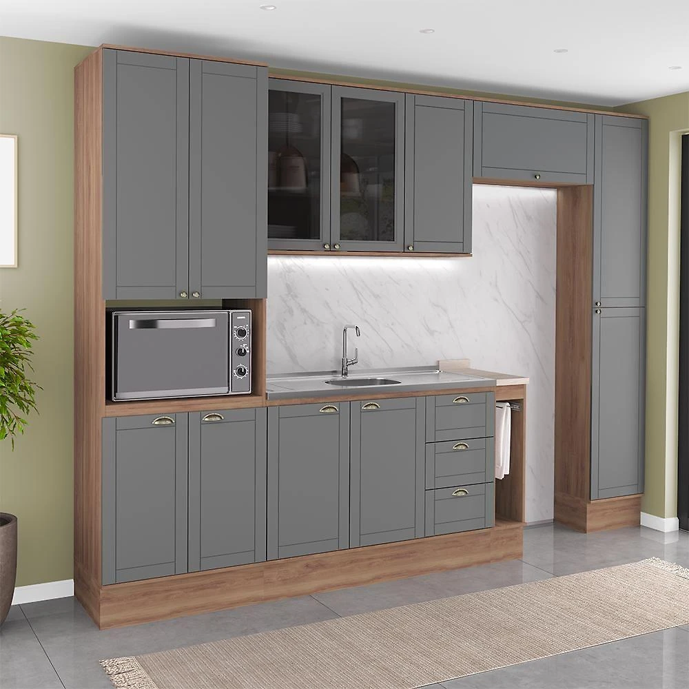 Cozinha Milla One 12 Portas 3 Gavetas MDF-MDP 310CM Nogal Móveis Carraro