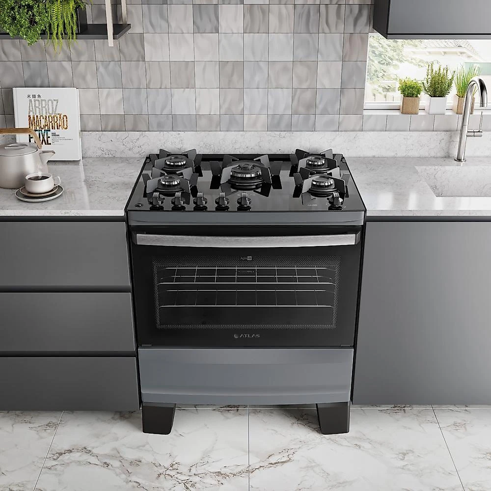 Fogão 5 Bocas Atlas Agile Up Com Mesa De Vidro A Gás Bivolt Titanium