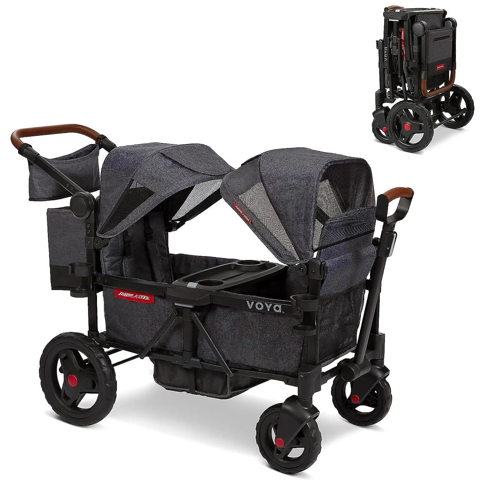 Carrinho de Passeio Vagão Duplo com 2 Assentos Altos e Dossel UV Ajustável, Radio Flyer Voya, Cinza