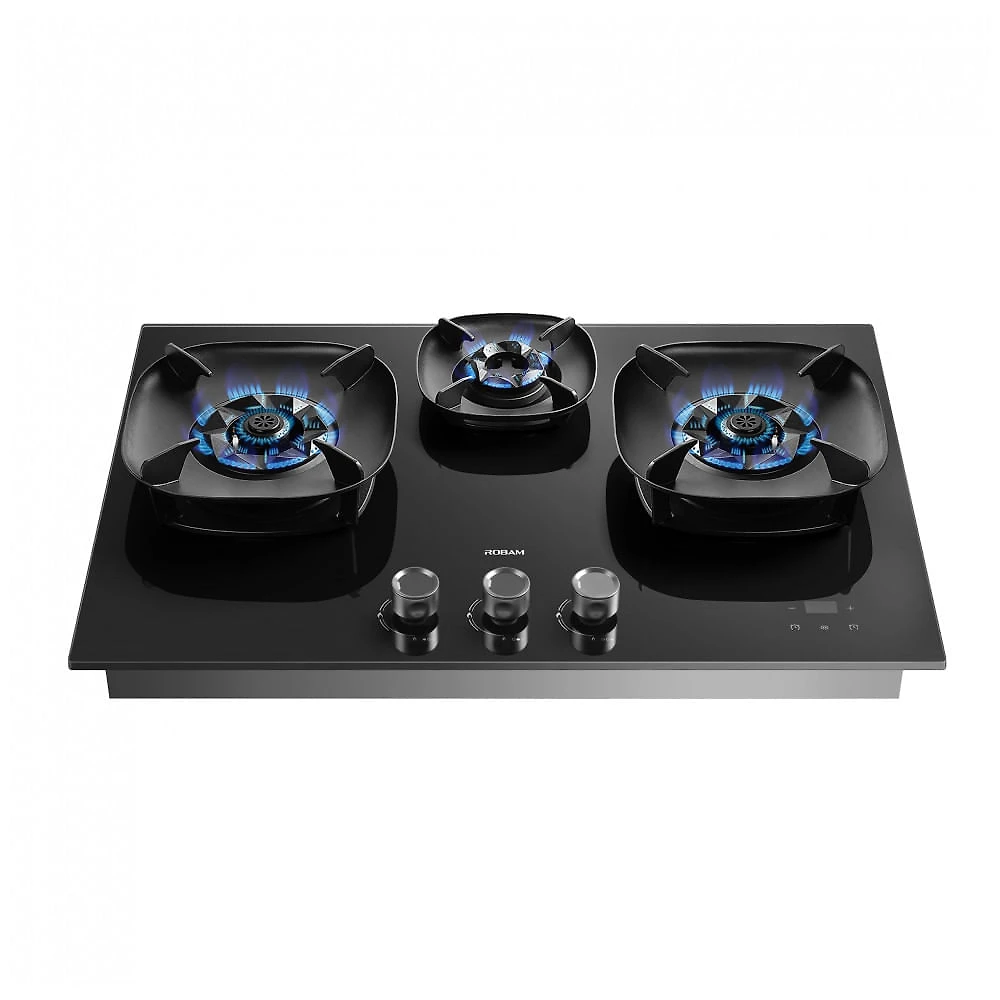 Cooktop a gás de embutir 76cm Robam FireCube vidro temperado preto 3 queimadores chama lotus revestimento nano compatível gás natural e GLP