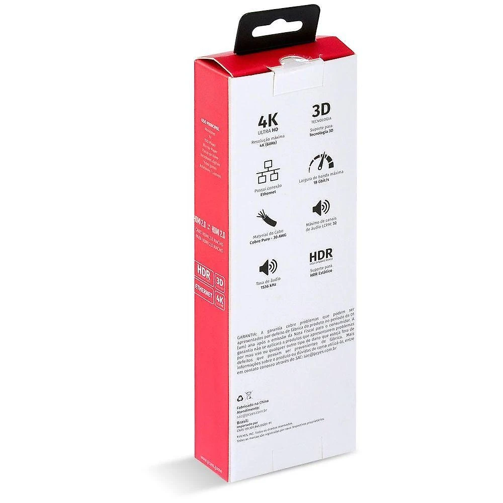 Cabo HDMI 2.0 PHM20-05 macho-macho 50CM com Suporte a 4K 60HZ e HDR Estático Pcyes