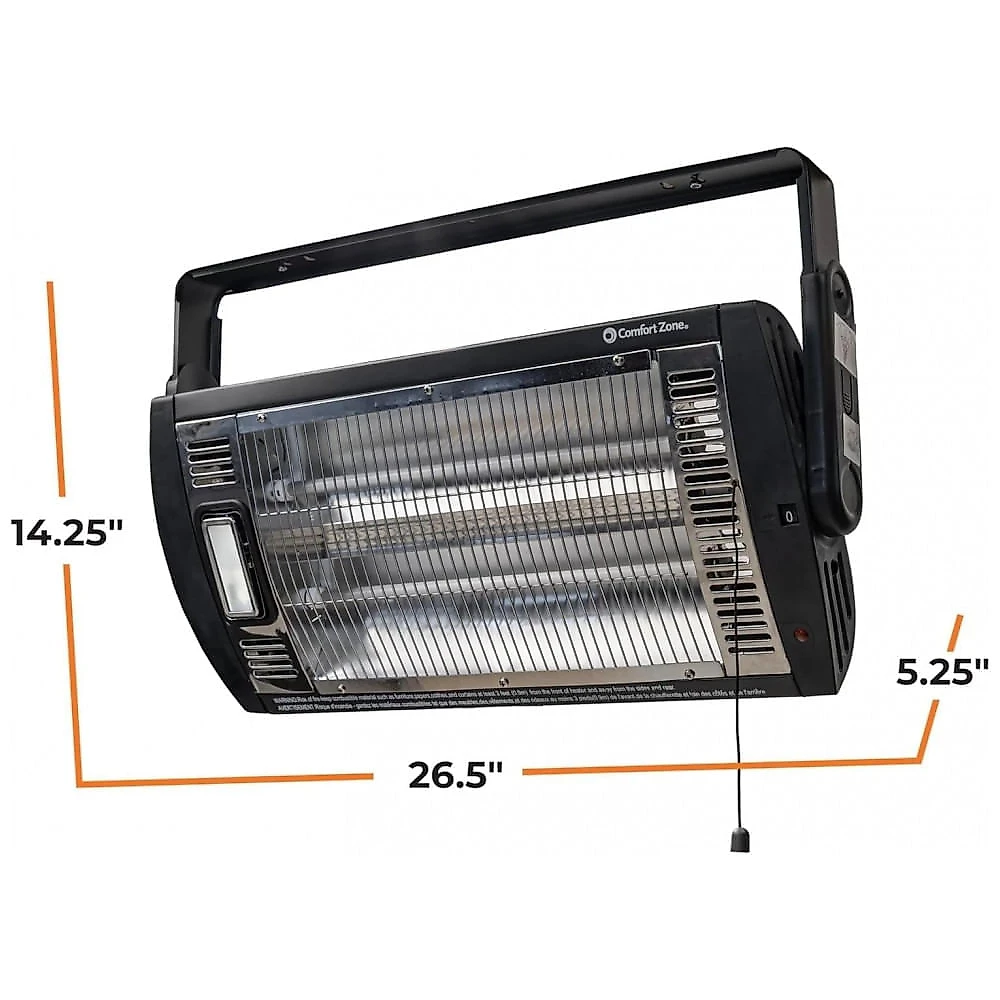 Aquecedor de Teto Comfort Zone Preto Quartzo Duplo 1500W Inclinacao 90 graus Luz Halogena G9 25W Cordao de Acionamento 120V