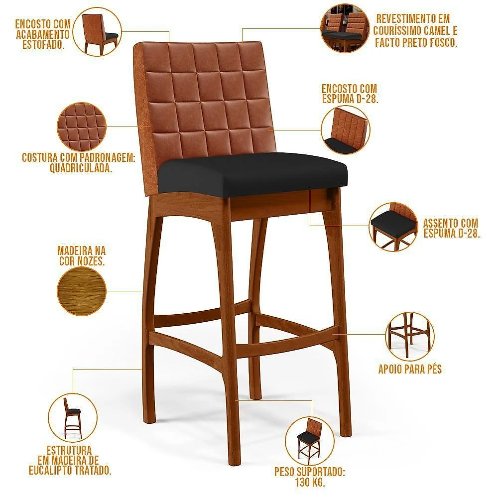 Kit 03 Banquetas Altas Cozinha Mila B04 Camel Corano Preto
