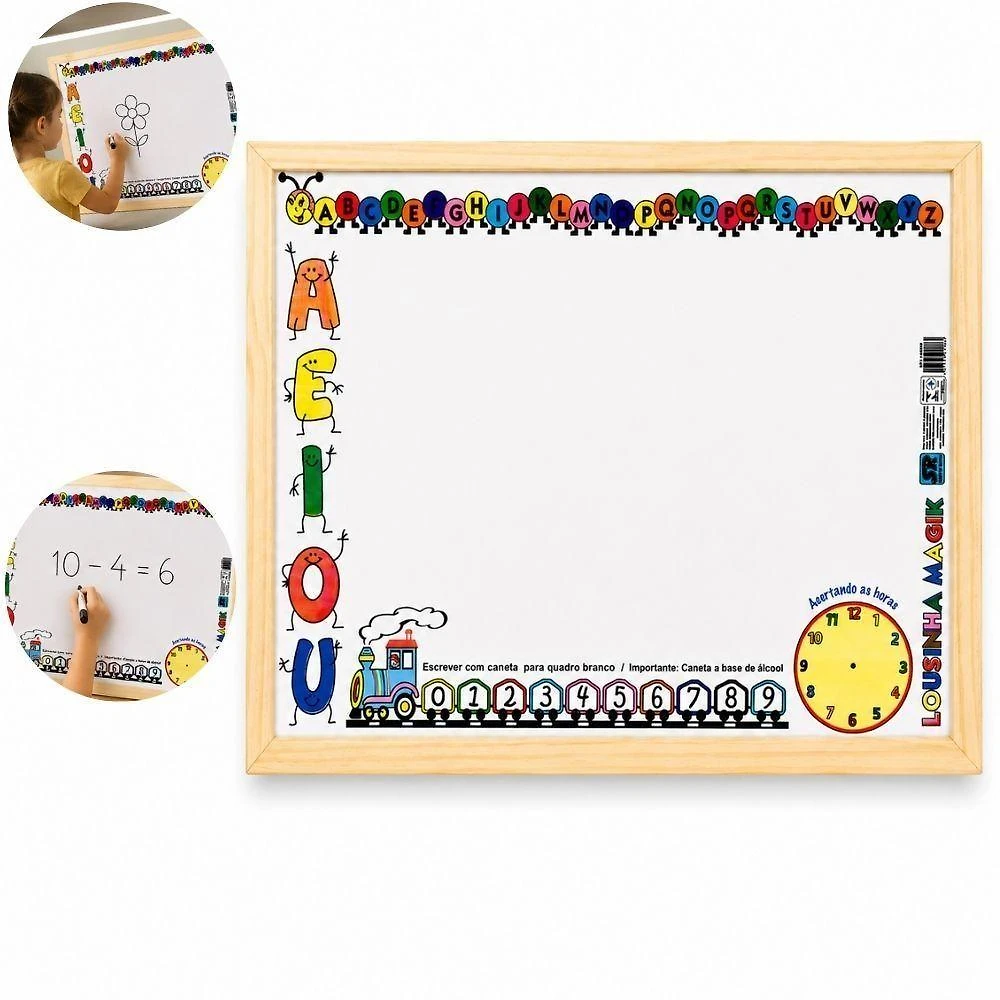 Quadro Branco Infantil Lousa Magik Branca Educativa Letras Numeros Relogio Madeira Yeet