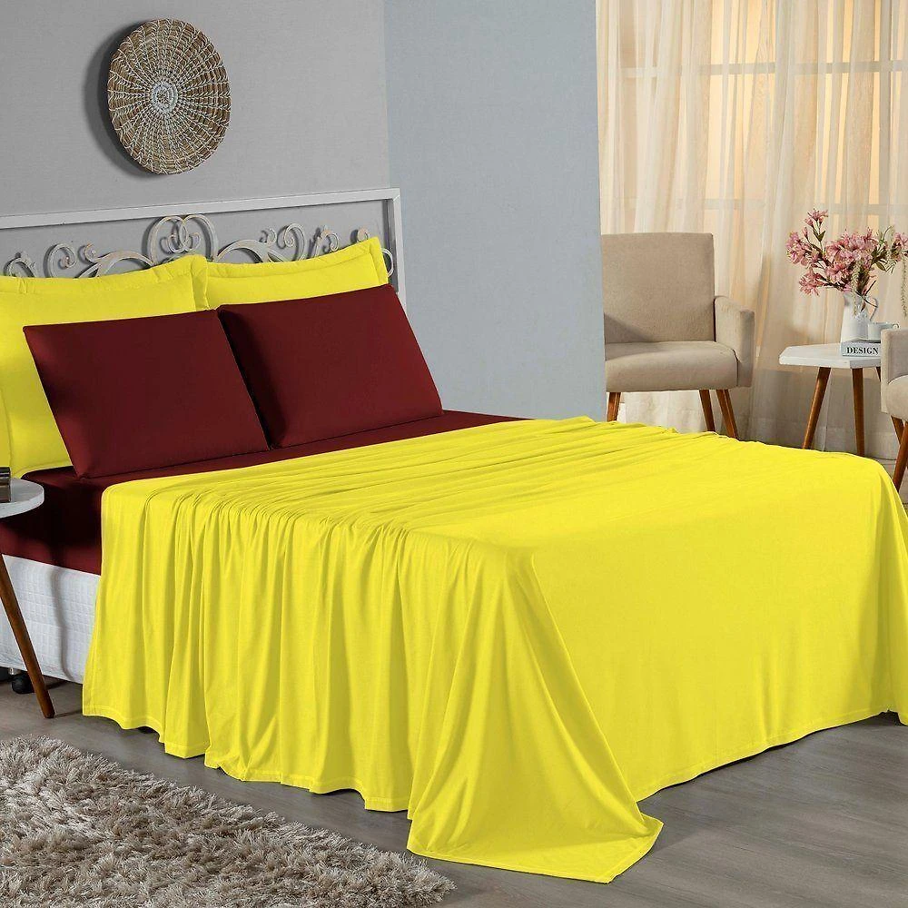 Jogo De Cama King Nobre 4 Peças Lençol Com Elástico De 30cm De Altura Malha 100% Algodão - Amarelo / Vinho