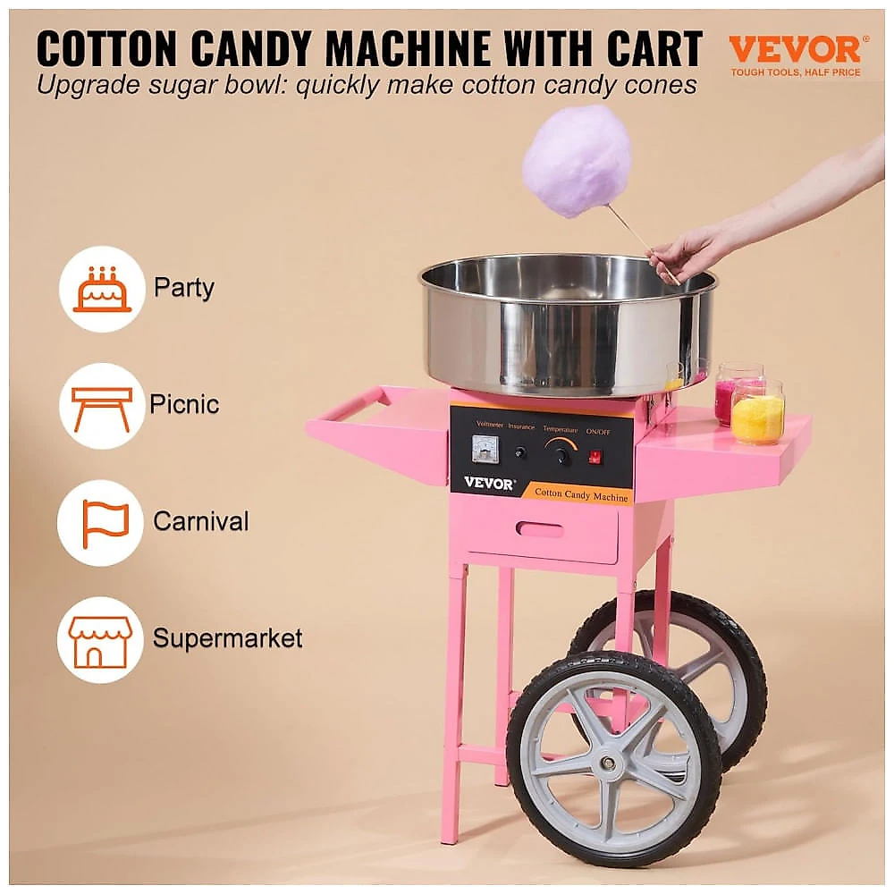 Máquina de Algodão Doce VEVOR com Carrinho 1000W Rosa Produção 6 Cones/min 110V