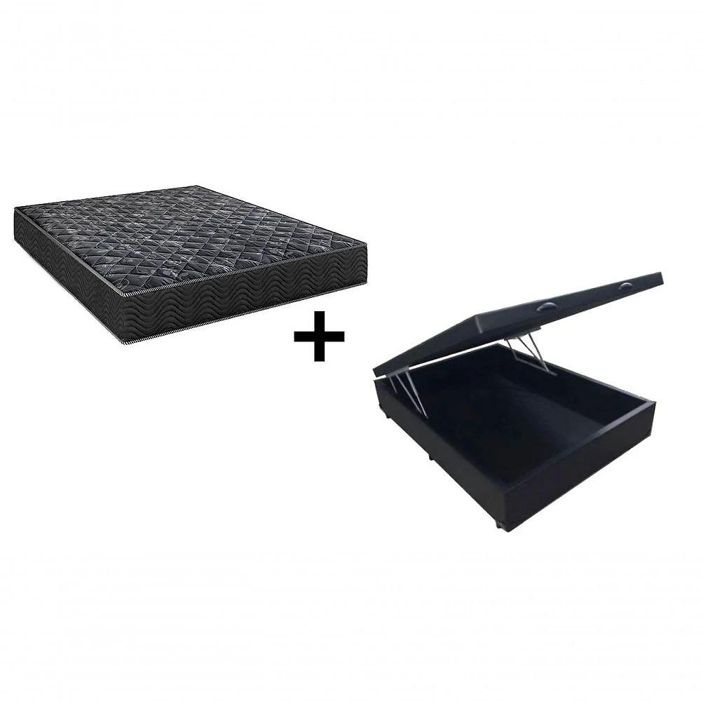 Cama Box Baú Casal 138 Tecido Sintético Preto Com Colchão Lisboa Bello Box Espuma D28 Preto