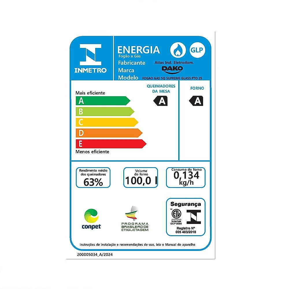 Fogão a Gás 5 Bocas Dako Novo Supreme Glass Mesa de Vidro Tripla Chama Preto - Bivolt