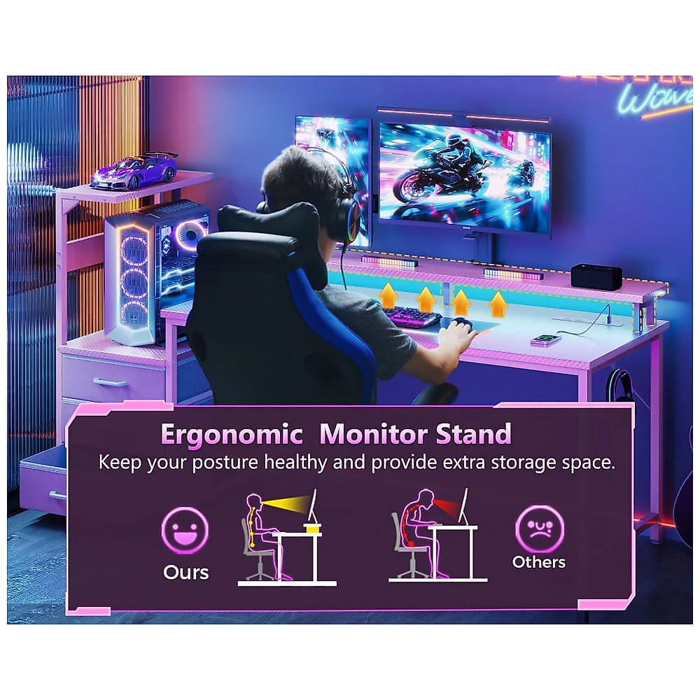 Mesa Gamer Reversível AODK 150 cm Fibra de Carbono Rosa com Luzes LED, Tomadas USB, 3 Gavetas de Tecido e Suporte para Monitor