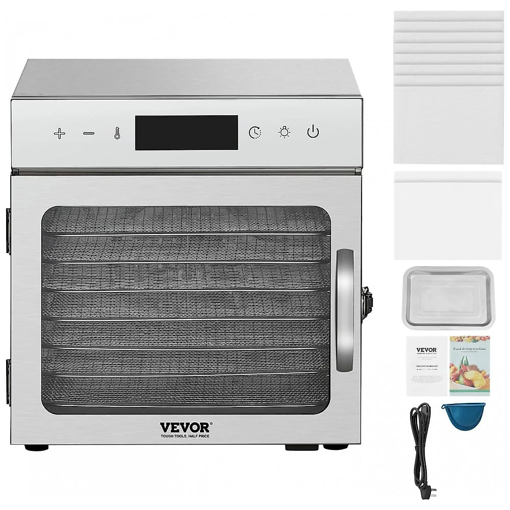 Desidratador de Alimentos VEVOR Prata 8 Bandejas Aço Inoxidável 400W Timer 24h 120V
