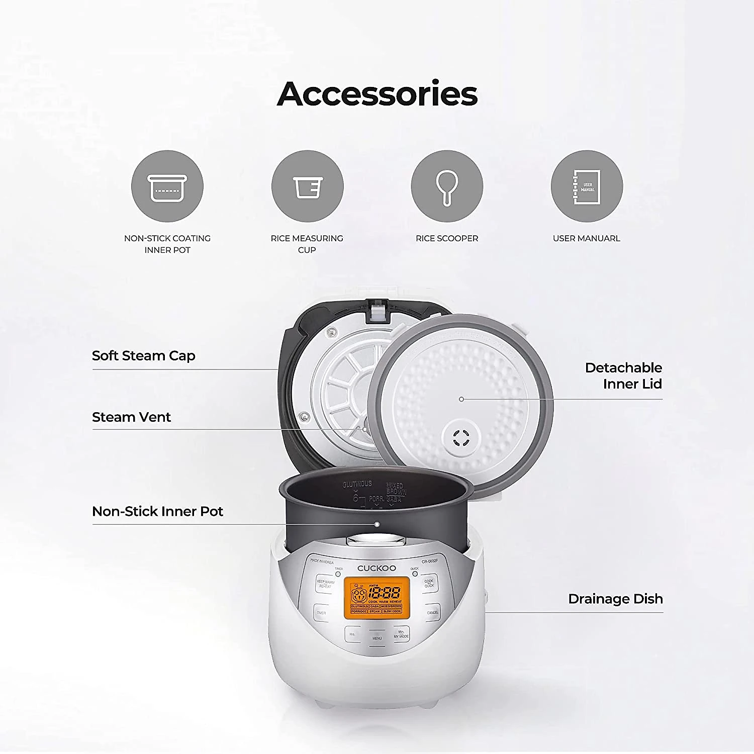 CUCKOO CR0632F Panela de Arroz Elétrica 14L Multifuncional com 9 Configurações e Desligamento Automático 110V Branco