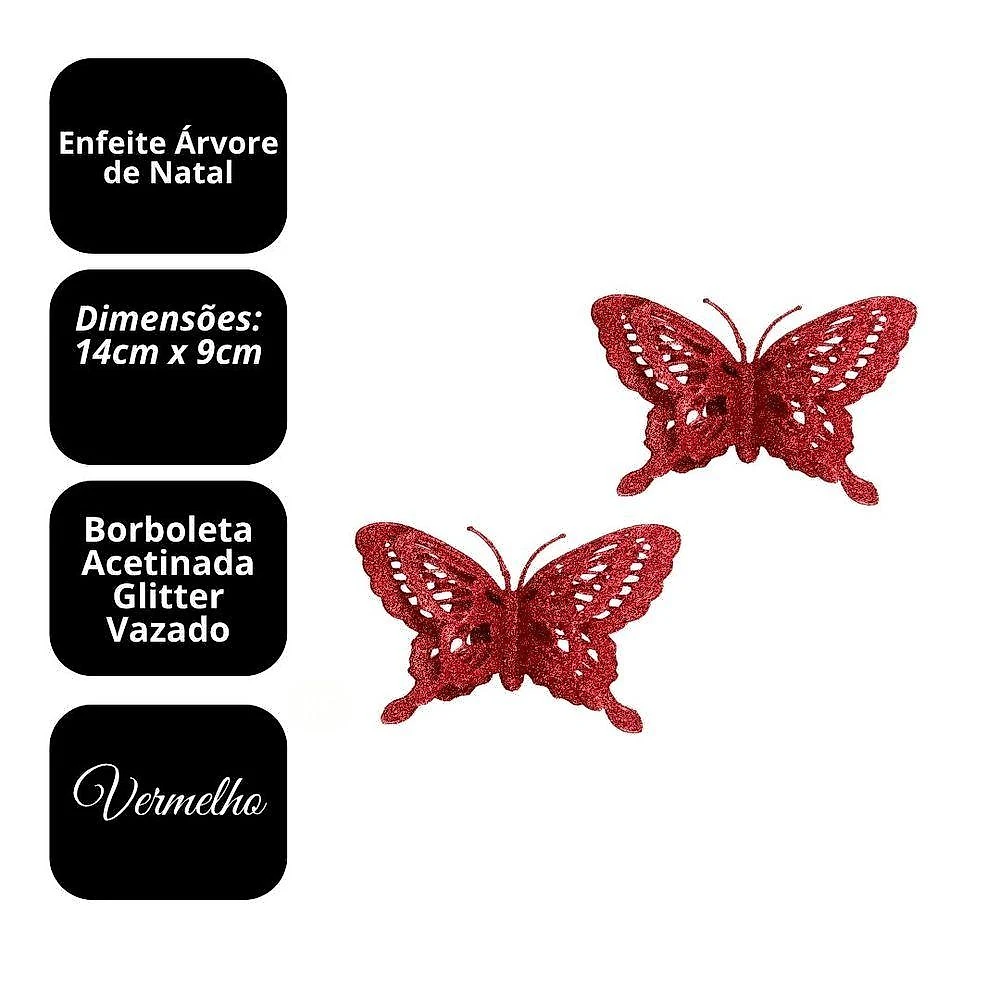 Enfeite Natalino Borboleta Natalina Decorativa com Glitter Vazado Vermelho Yangzi 9CM