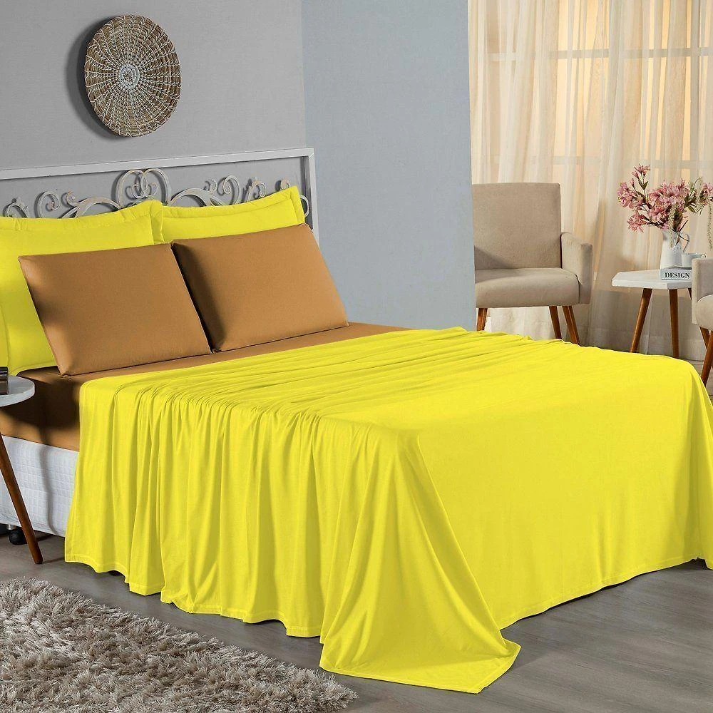 Jogo De Cama King Nobre 4 Peças Lençol Com Elástico De 30cm De Altura Malha 100% Algodão - Amarelo / Cobre