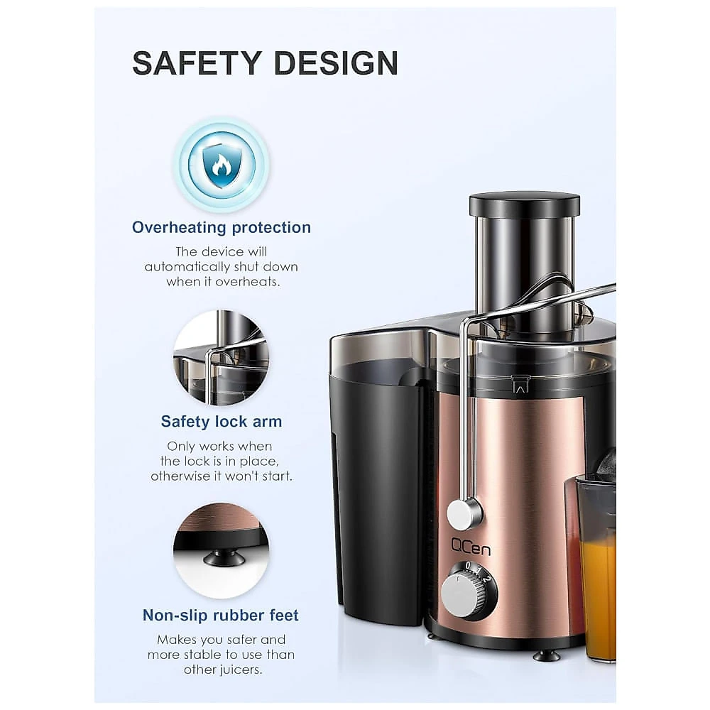 Extrator de Sucos 800W QCen com Centrífuga e Boca Larga para Frutas e Vegetais - Aço Inoxidável Rose Gold 800W